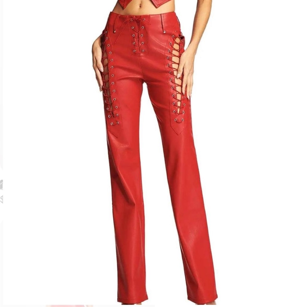 IAMGIA Red Leather Lace up Pants